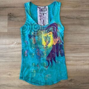 C Bar A Lovestock Ranch By Christian Audigier Woodstock Blue Tank Size Small Y2K